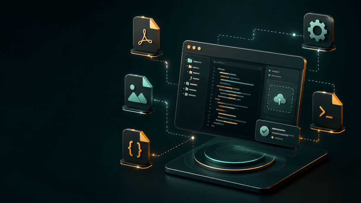 Developer tools illustration — file conversion, code editing, and settings icons connected to a browser-based workspace